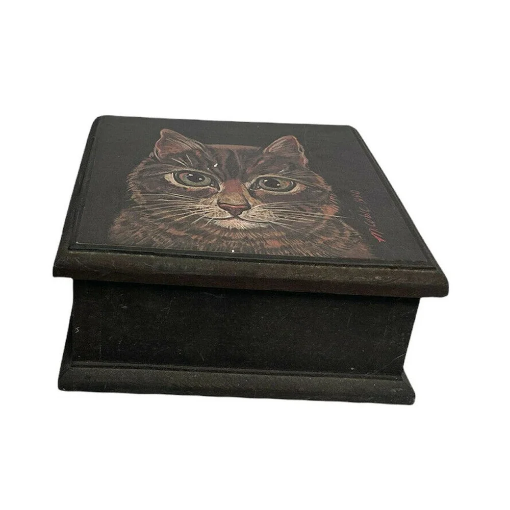 Vintage 1990 Hand Painted Artisan Black Wooden Cat Trinket Storage Box 7
